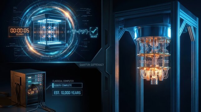Quantum Computer Technology: A futuristic depiction of a quantum computer system, showcasing intricate circuits, glowing lights, and advanced interfaces.