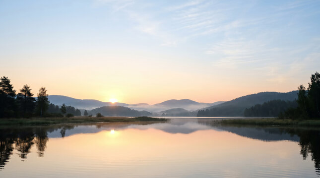 Tranquil lake morning view with sunrise reflection and distant misty hills