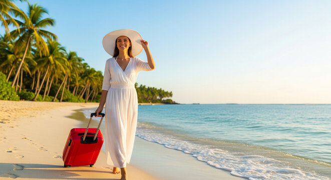 Woman walking on a tropical beach with a red suitcase perfect for summer vacation travel tourism and holiday getaways