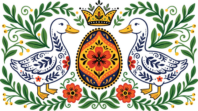Ornate Easter holiday vector illustration featuring a pair of decorative ducks crowning a beautifully painted folk art egg with floral borders.