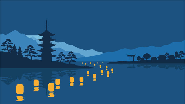 Floating lanterns and pagoda silhouette over tranquil mountain lake.