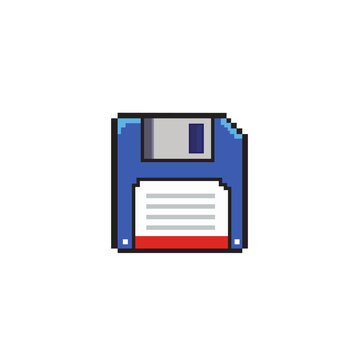 Floppy disk pixel art icon, retro data storage and save game symbol isolated illustration