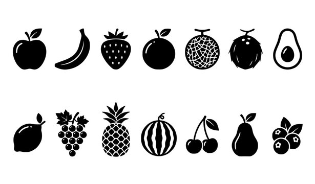 A modern solid icon set representing fresh fruits and healthy organic food concepts. Including apple, banana, strawberry, orange, cantaloupe melon, coconut, avocado, lemon, grapes, pineapple, watermel