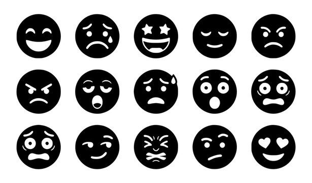 Minimalist black silhouette vector icon set of various emotional emoji faces, clean modern designs including happy smiling face, sad crying face, star eyes excited, sleepy closed eyes, angry frowning,