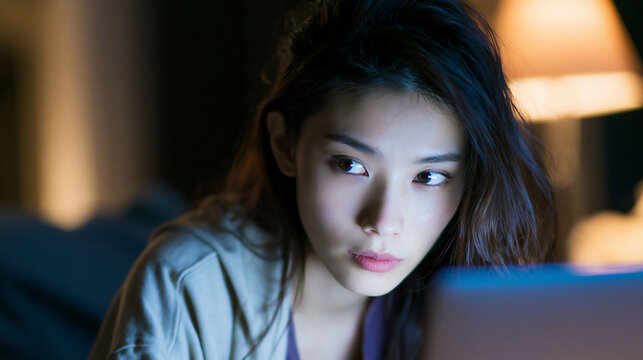 Close up of a young woman focusing on a bright laptop screen at night in a dark room