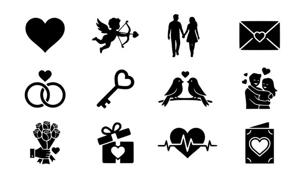 Minimalist black silhouette vector icon set for love, romance and Valentine&rsquo;s Day, clean elegant designs including big heart, cupid shooting arrow, couple holding hands, love envelope, wedding rings, 