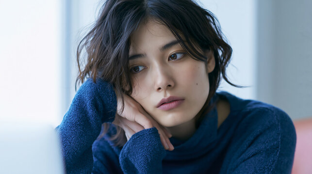 Melancholy young woman leaning on her hand with a sad and thoughtful expression