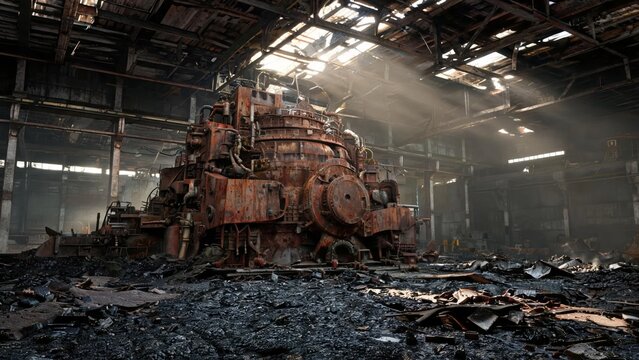 Abandoned Electric Arc Furnace with Dark Slag-Covered Floor and Broken Roof Beams in a Derelict Steel Mill
