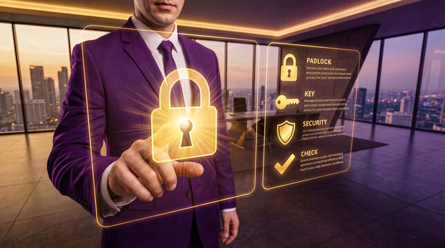 Cyber security and data protection concept: Businessman touching glowing padlock hologram in modern office.