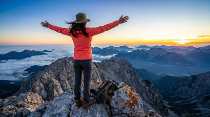 Obraz premium Hiker in coral jacket and hat from behind, outstretched arms next to backpack, standing on rocky peak, mountain range above sea of clouds at sunrise, adventure travel photography