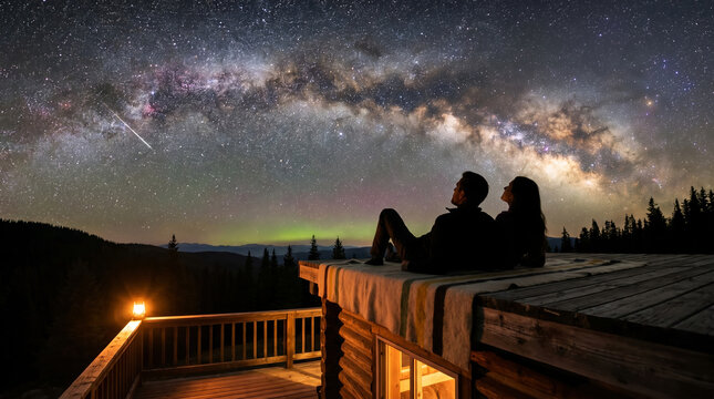 Couple lying on blanket, looking up at the brilliant Milky Way galaxy and a shooting star, relaxing on a cabin rooftop, dark pine forest under starry night sky, landscape astronomy photography