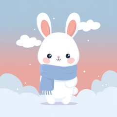 Fototapeta premium Cute White Bunny Wearing Blue Scarf Snowy Winter Sky Pastel Colors