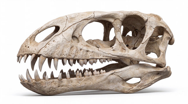 Dimorphodon macronyx skull isolated, highly detailed fossil reconstruction showing cranial structure and teeth, museum-style scientific presentation on white background.