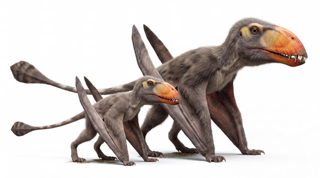 Dimorphodon macronyx with a juvenile in a realistic prehistoric interaction scene, highly detailed reconstruction, isolated on white background, soft studio lighting.