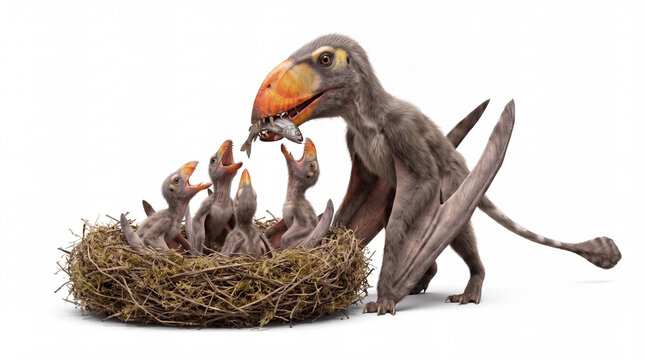 Dimorphodon macronyx feeding fish to hatchlings in a nest, highly realistic prehistoric reconstruction, isolated on white background, detailed anatomy and parental feeding behavior.