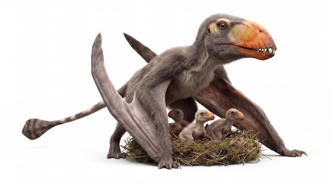 Dimorphodon macronyx guarding hatchlings and eggs in a nest, highly realistic prehistoric reconstruction, isolated on white background, detailed anatomy and parental behavior.