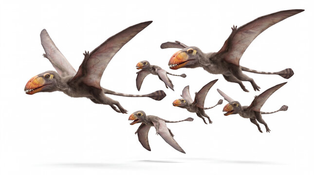 Group of Dimorphodon macronyx flying together in formation, highly realistic prehistoric reconstruction, isolated on white background, detailed wing anatomy and motion.
