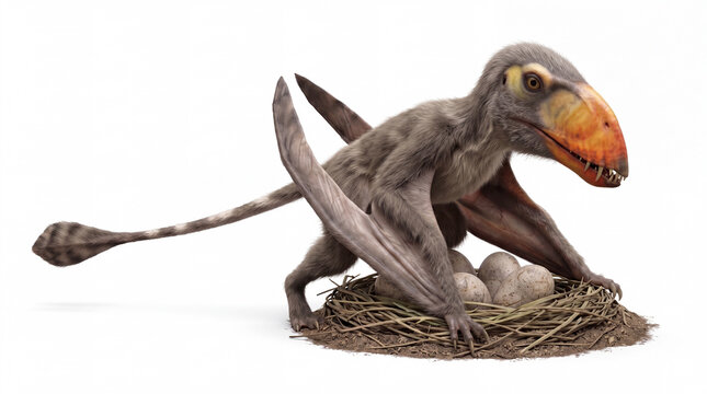Dimorphodon macronyx protecting eggs in a nest, highly realistic prehistoric reconstruction, isolated on white background, detailed anatomy and nesting behavior.
