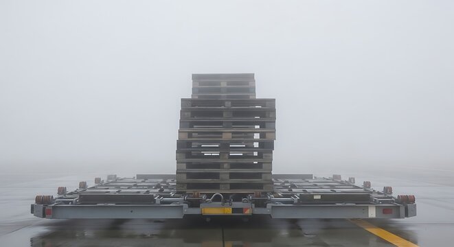 Heavy industrial truck transporting stacked metal cargo containers on foggy highway bridge in overcast weather