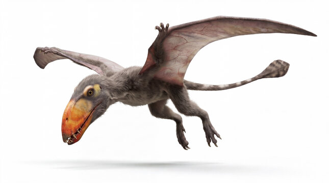 Dimorphodon macronyx gliding in a sideways flight pose, highly realistic prehistoric reconstruction, isolated on white background, detailed wing anatomy and dynamic motion.