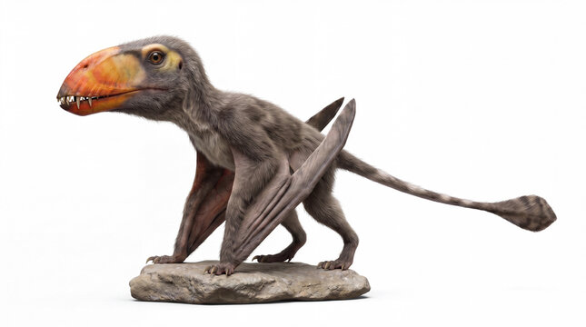 Dimorphodon macronyx standing on a rock in lateral view, highly realistic prehistoric reconstruction, isolated on white background, detailed anatomy and wing structure.