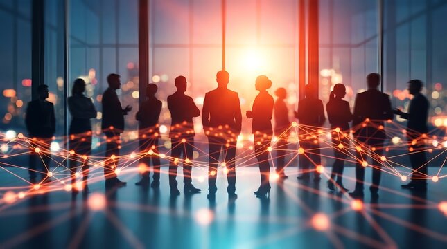 Silhouettes of business team standing in modern office building at sunset with glowing network connection lines representing digital global communication and corporate synergy