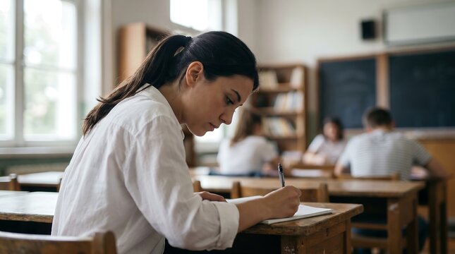 Young female student concentrating on writing notes in notebook at wooden desk in sunlit classroom with blurred students in background for academic and education themes
