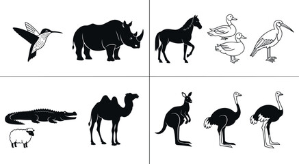 Black Silhouette Animal Collection Featuring Hummingbird Rhinoceros Horse Ducks Stork Crocodile Camel Sheep Kangaroo and Ostrich Vector Set © Tofijun