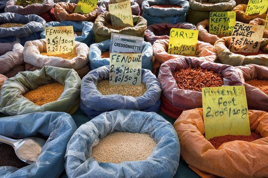 Bags of spices, fennel, fenugreek, Caraway, at a market stall, Mulhouse, Mulhouse, Alsace, France