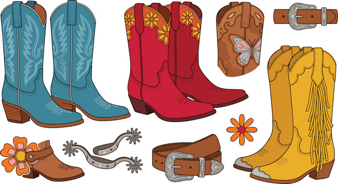 Cowboy Boots and Western Fashion Accessories Set with Leather Boots, Spurs, Belts, Flowers, and Butterfly Designs for Country Style Vector Illustration
