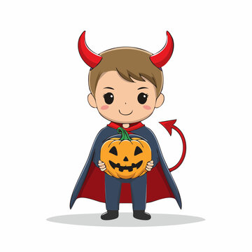 Cute Devil Boy Holding a Jack-o'-Lantern