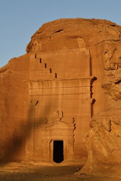 Nabataean tomb at Djabal Khraymat in first daylight, Hegra or Mada'in Salih, AlUla region, Medina province, Saudi Arabia, Arabian Peninsula