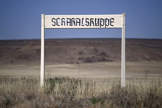 Jackal hill sign on the railway line from L&uuml;deritz to Keetmanshoop, near Goageb, Karas Region, Namibia