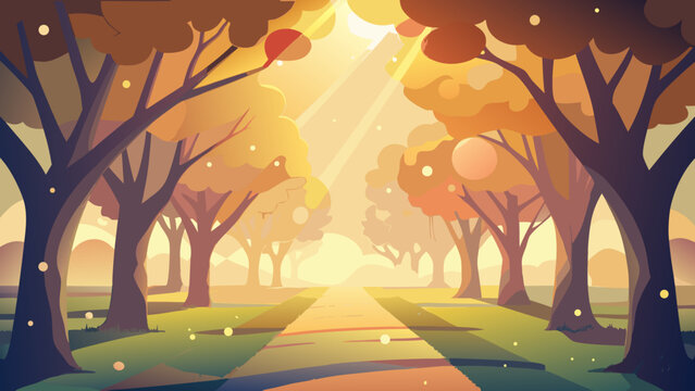 Sunlit autumn park path and tree-lined walkway with nature background digital art landscape art golden light nature beauty graphic design sunlight landscape peaceful woodland illustration