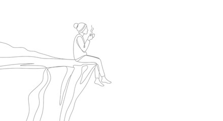 Obraz premium Woman on Cliff Edge Enjoying Hot Drink, Minimalist Line Art