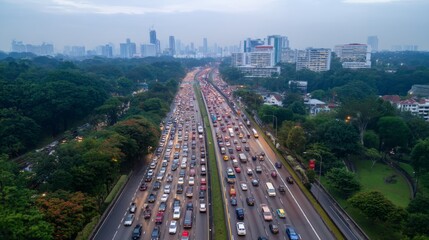 Naklejka premium Aerial View of Heavy Traffic Jam on Urban Highway During Dusk with Cityscape in Background and Lush Greenery Alongside the Roadway
