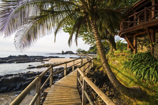 Long wooden pier in the Bom Bom Resort, Unesco biosphere reserve, Principe, Sao Tome and Principe, Atlantic Ocean