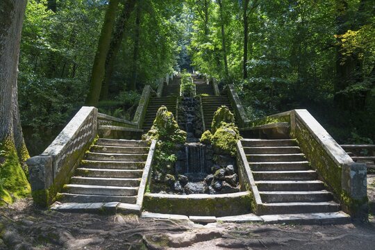 Steintreppe im Wald mit moosbedeckten Gel&auml;ndern und einem kleinen Wasserfall in der Mitte, Quelle Fonte Fr&iacute;a, Fonta Fria, Mata Nacional do Bu&ccedil;aco, National-Wald von Bussaco, Bucaco, Mealhada, Beira Litoral, Portugal