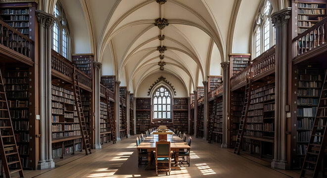 Antique library interior with tall wooden bookshelves and study tables, bookshelves