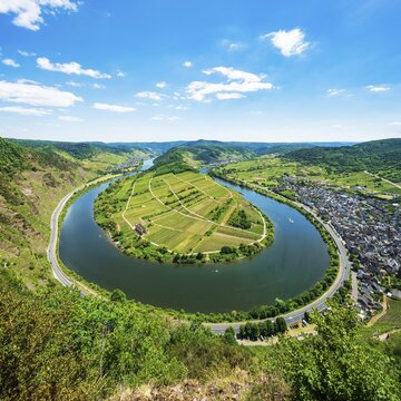 View of the Moselle loop, Bremm, Moselle valley, Rhineland-Palatinate, Germany