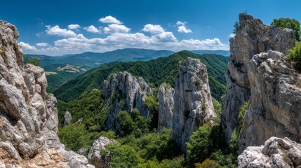 Obraz premium Stunning panoramic view of rugged mountains and lush green hills under a bright blue sky with fluffy white clouds and rocky formations in the foreground