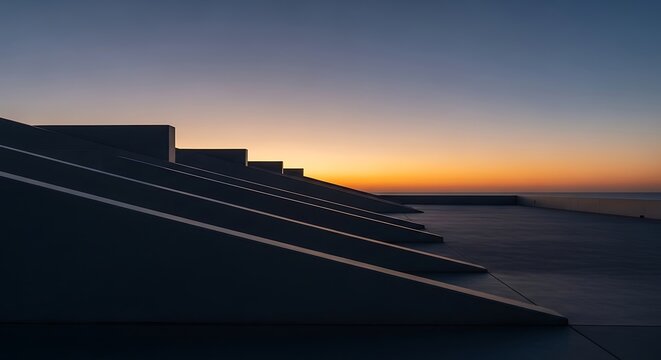 Silhouette of modern coastal city skyline at sunset with warm orange and purple sky reflection over calm water