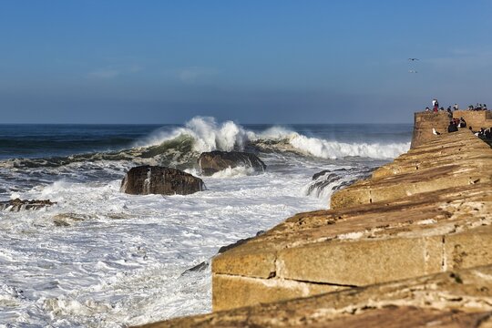 Waves in front of the city wall, spray in the Atlantic Ocean, Skala de la Kasbah fortress, Essaouira, Atlantic coast, Morocco