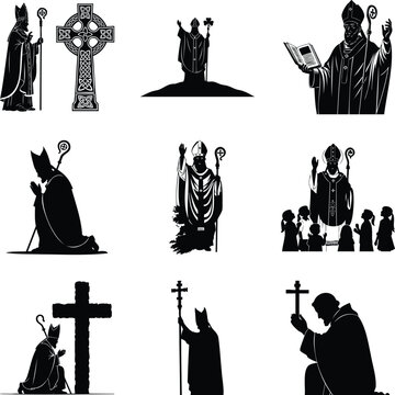 Saint patrick set, bishop silhouettes with celtic cross and staff msea set