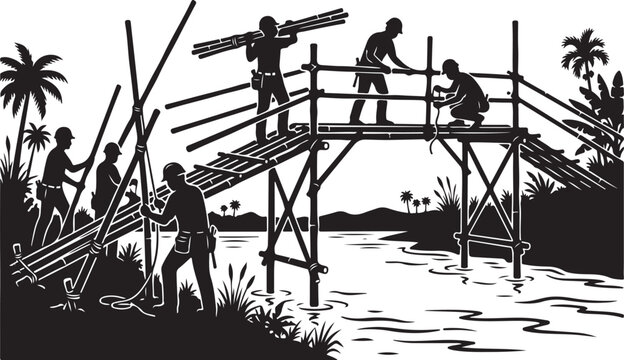 Black and white, construction workers, on scaffolding, building bridge, tropical landscape, vector illustration