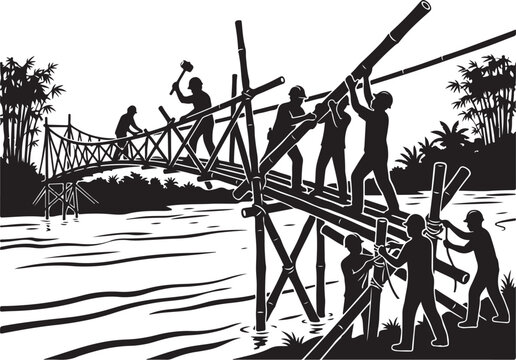 Black and white, rustic bridge construction, workers building suspension bridge, tropical landscape, vector illustration