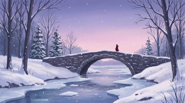 Snowflakes kiss an ethereal bridge under a lavender twilight, whispering solstice secrets and invoking Japanese Yuki Matsuri dreams
