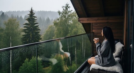 Fototapeta premium Woman feeding deer from a wooden deck overlooking forest.