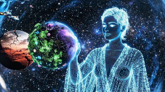 Digital humanoid creating virtual planets and futuristic city, focused gesture in cosmic environment, female avatar medium shot front view, sci-fi atmosphere, artificial intelligence world building