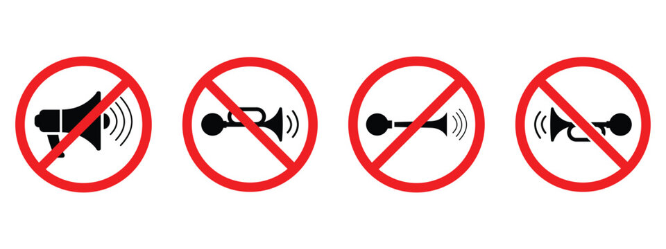 No Honking Traffic Sign Set, Do Not Blow Horn Prohibition Symbol, Quiet Zone Vector Illustration with Red Circle Horn Icons